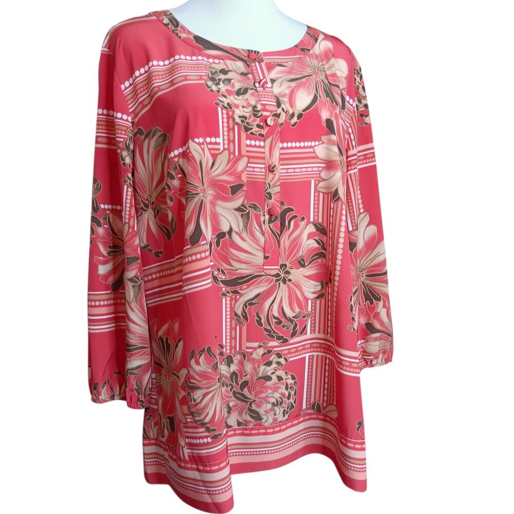 JM COLLECTION Blouse Top 16 XL Coral Pink Floral Bright Colorful Artsy Career - Picture 6 of 7